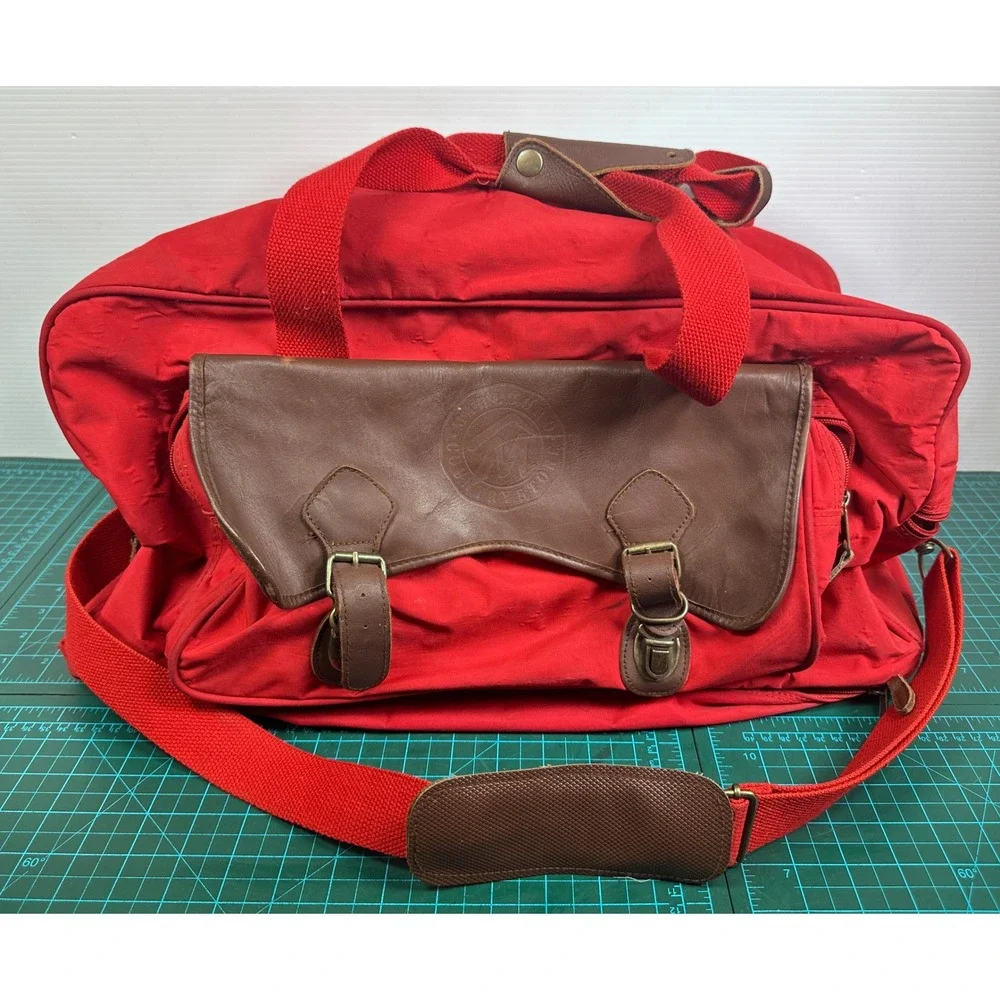 Vintage American Express Country Store Red Canvas Leather Duffel Travel Bag